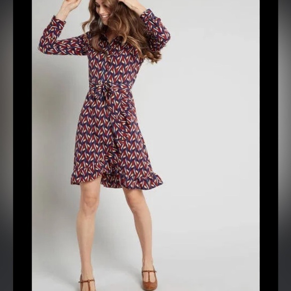 Lace & mesh/ModCloth long sleeve faux wrap mini dress retro geometric print mini - Picture 13 of 13